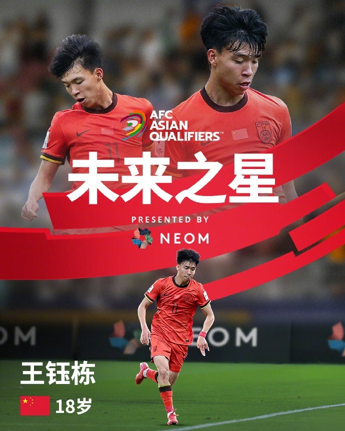 亞洲杯官方社媒發(fā)布王鈺棟個人海報：青年軍的旗幟，飄揚在前哨