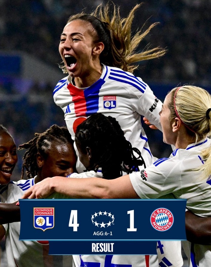 里昂女足4-1大勝拜仁女足，總比分6-1晉級女足歐冠半決賽